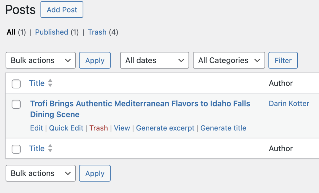 WordPress post list screen showing the custom Generate excerpt and Generate title inline links