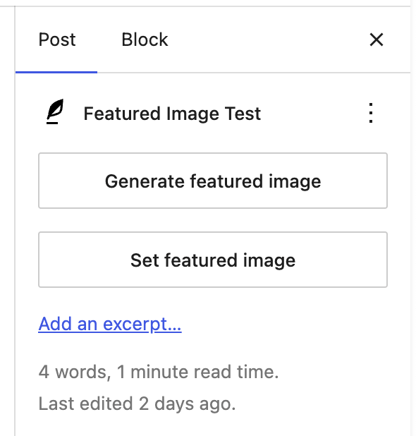 Post status sidebar in the WordPress editor, showing the injected Generate featured image button above the Set featured image button