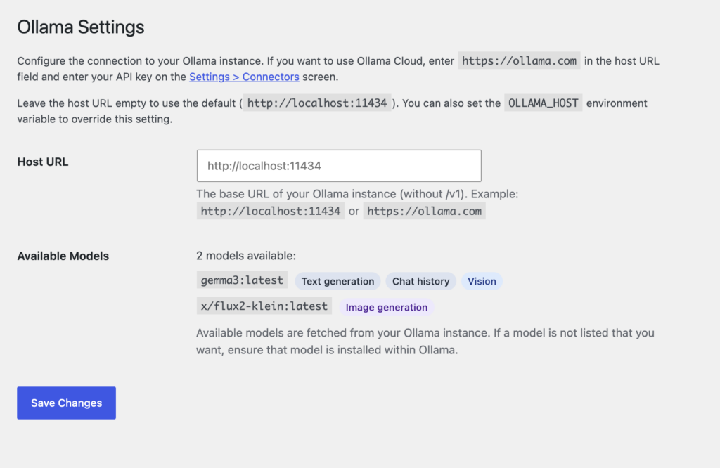 Ollama settings screen within the WordPress admin showing the connection status and which models are available