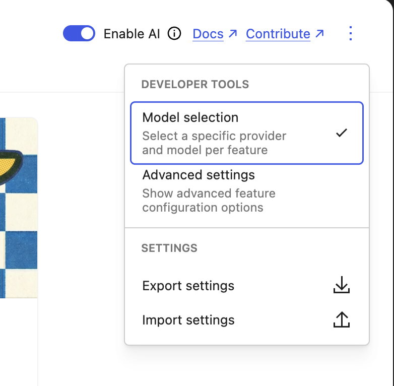 AI settings page showing the developer settings menu with the Model selection option selected