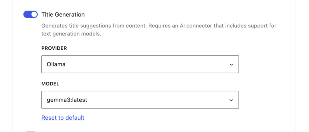 AI settings page showing the Title Generation feature turned on with a Provider and Model chosen