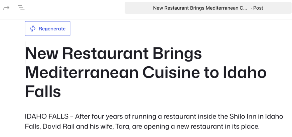 Post editor screen showing the Regenerate title button showing in the title input toolbar