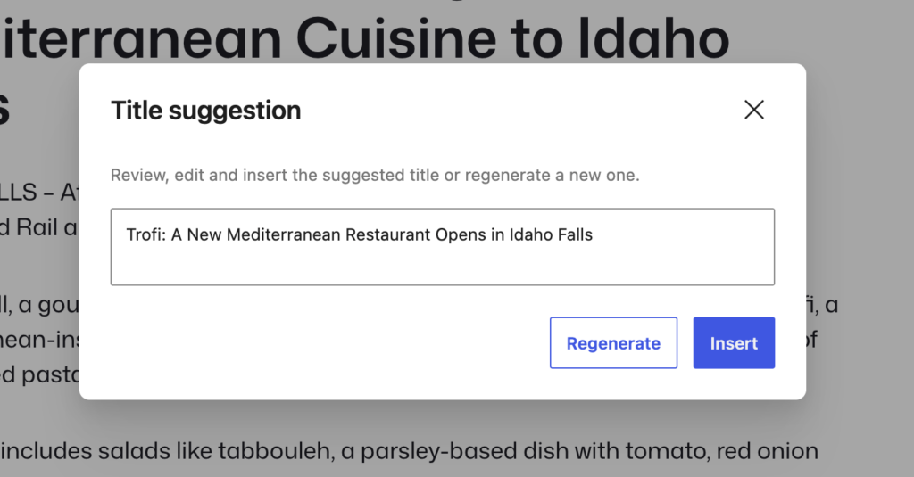 Title suggestion modal showing after a user clicked on the Generate button in the WordPress post editor