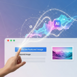 Hand clicks "Generate Featured Image" button in UI, generating a colorful mountain image, with abstract AI data in background